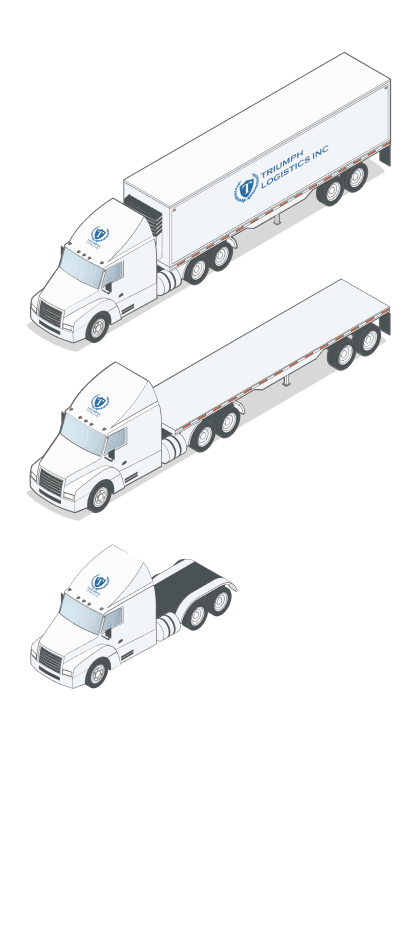 Four white Prime, Inc. trucks, each wiith a diifferent kind of trailer behind it including a flatbed, tanker and refrigerated trailers.
